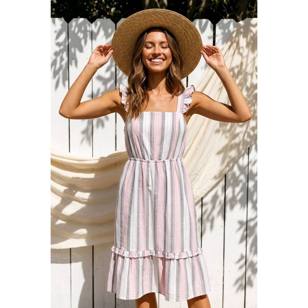 🍑Madison Grey Pink, Gray, & White Striped Sleeveless Dress Small